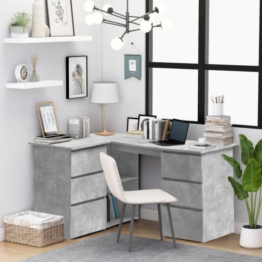 Vidaxl bureau d'angle en contreplaqué gris béton 145x100x76 Cm