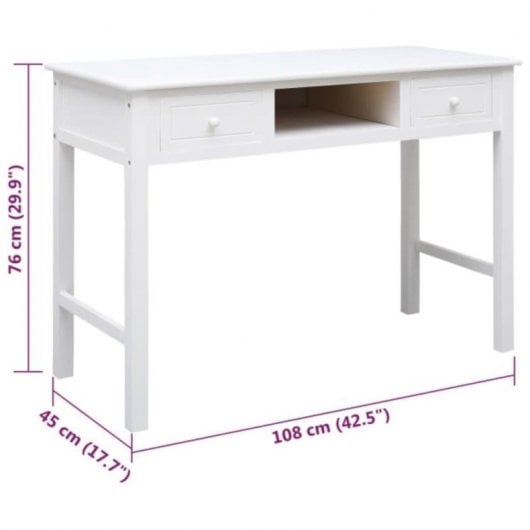 Vidaxl bureau en bois de Paulownia massif blanc 108x45x76 Cm