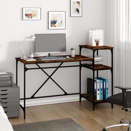Vidaxl bureau avec étagères en fer et bois chêne fumé 135x50x90 Cm