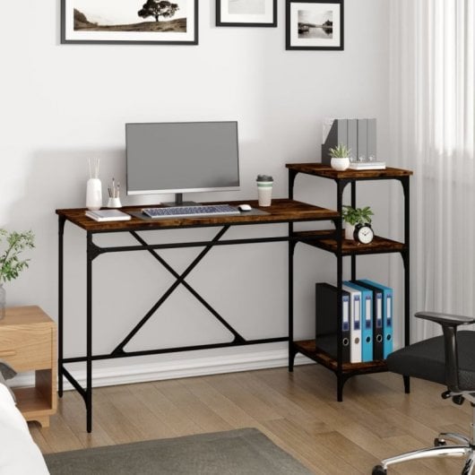 Vidaxl bureau avec étagères en fer et bois chêne fumé 135x50x90 Cm