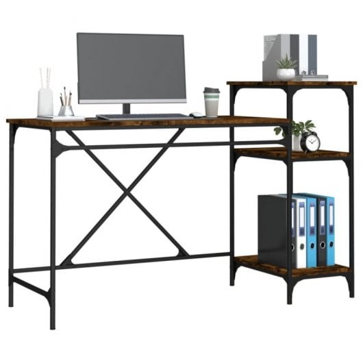 Vidaxl bureau avec étagères en fer et bois chêne fumé 135x50x90 Cm