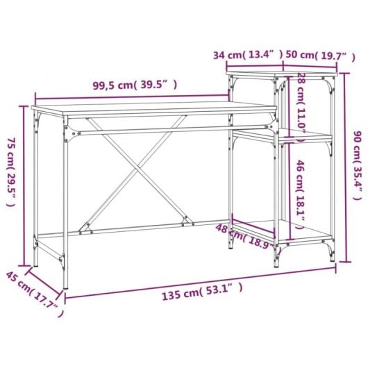 Vidaxl bureau avec étagères en fer et bois chêne fumé 135x50x90 Cm