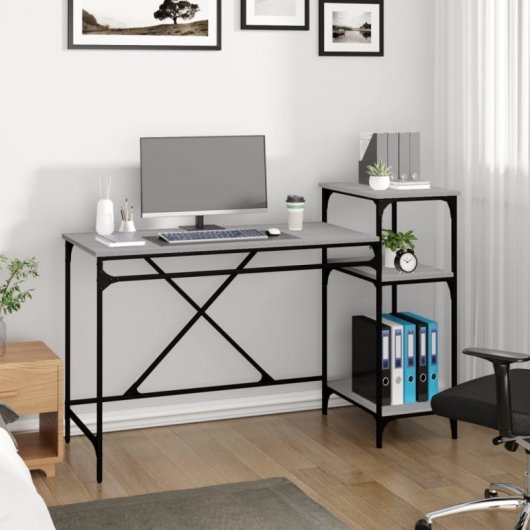 Secretária Vidaxl com Prateleiras de Ferro e Madeira Cinza Sonoma 135x50x90cm