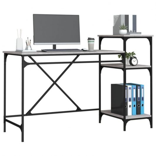 Secretária Vidaxl com Prateleiras de Ferro e Madeira Cinza Sonoma 135x50x90cm