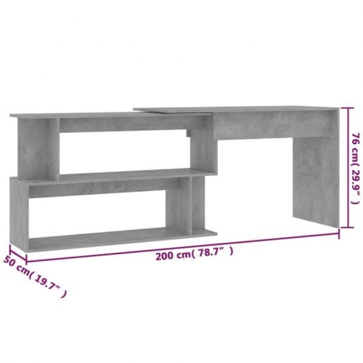 Vidaxl bureau d'angle en contreplaqué gris béton 200x50x76 Cm