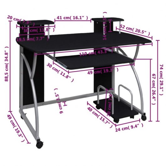 Vidaxl Escritorio Ordenador Madera Contrachapada Negro 110x52x88,5 Cm