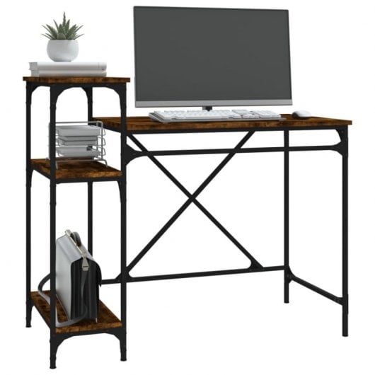 Vidaxl bureau avec étagères en fer et bois chêne fumé 105x50x90 Cm