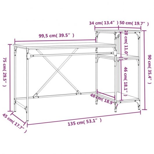 Vidaxl bureau avec étagères contreplaqué de chêne 135x50x90 Cm