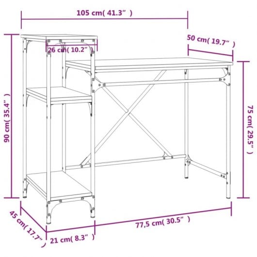 Vidaxl bureau avec étagères contreplaqué de chêne 105x50x90 Cm