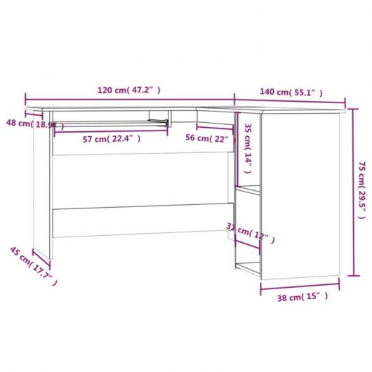 Vidaxl Bureau d'angle Contreplaqué Chêne Fumé 120x140x75cm