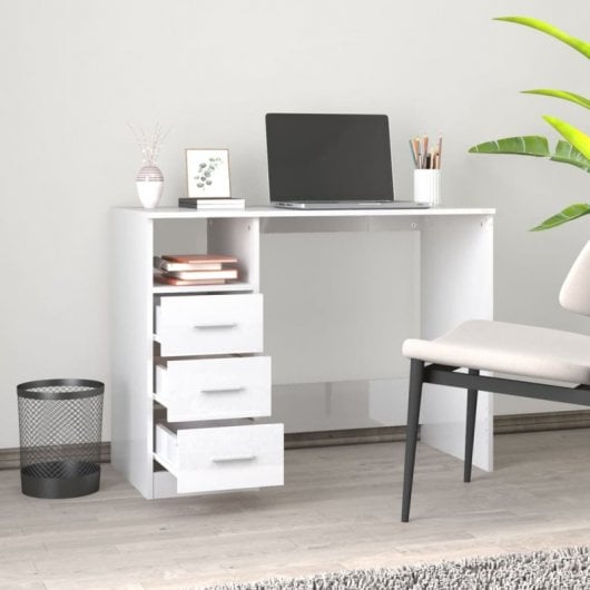 Vidaxl Escritorio Con Cajones Contrachapada Blanco Brillo 102x50x76cm