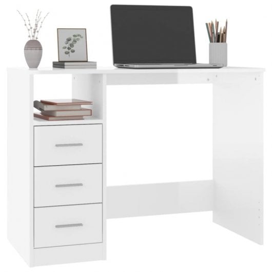 Vidaxl Escritorio Con Cajones Contrachapada Blanco Brillo 102x50x76cm
