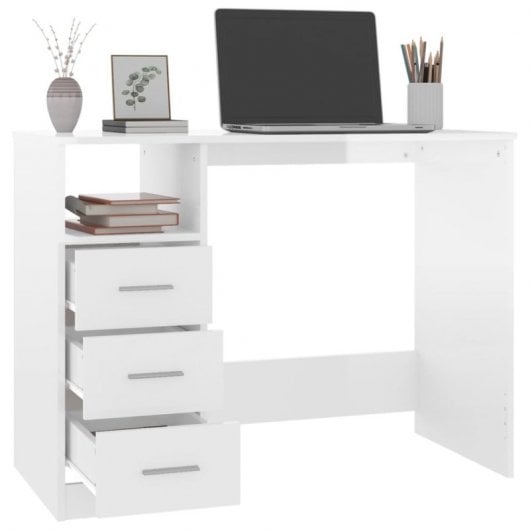 Vidaxl Escritorio Con Cajones Contrachapada Blanco Brillo 102x50x76cm