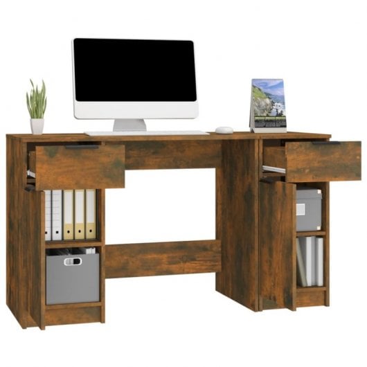 Bureau Vidaxl avec armoire latérale contreplaqué de chêne fumé