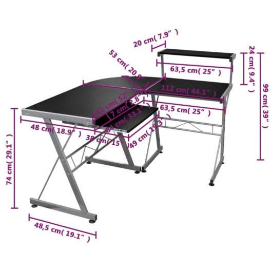 Vidaxl Bureau d'angle Contreplaqué Noir 132x112x99cm
