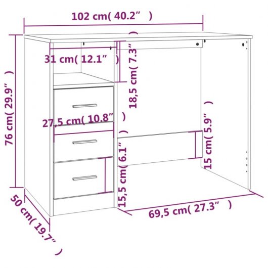 Vidaxl tiroirs de bureau contreplaqué noir 102x50x76 Cm