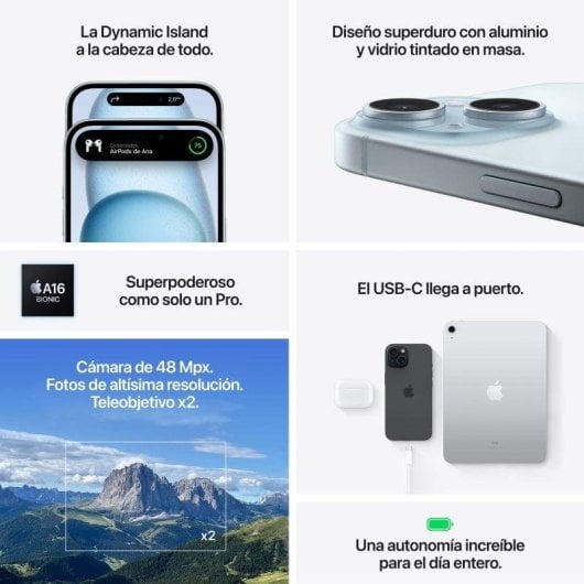 Apple iPhone 15 6GB 256GB 6.1" OLED 5G Dual SIM Bateria+Câmara+NFC+IP68 iOS 17 Azul
