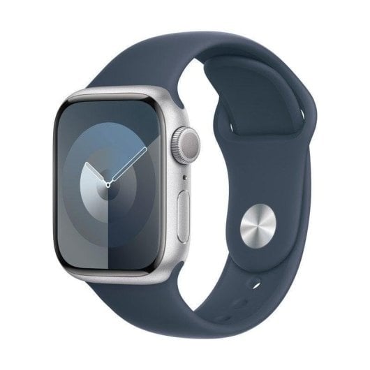 Apple Watch Series 9 GPS 41mm Retina OLED Alumínio Prata Pulseira Azul M/L SpO2 Pulso Sono SOS