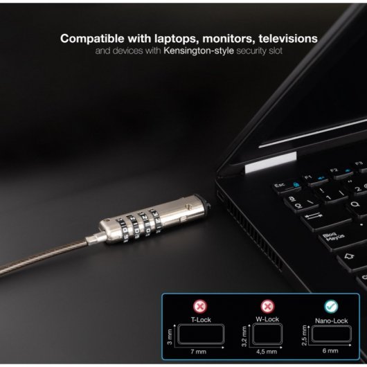 TooQ TQCLKC0035-G NANO Typ Sicherheitskabel mit Kombination für Laptops 1,5 Meter Dunkelgrau