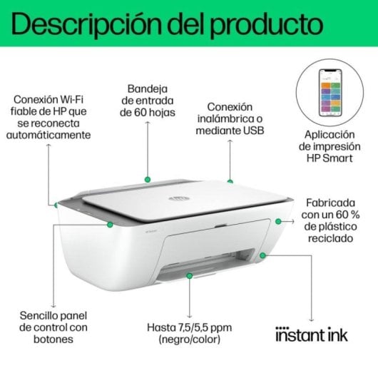 HP DeskJet 2820e Multifunción Color WiFi Blanca + 3 Meses Gratis de Impresión Instant Ink con HP+