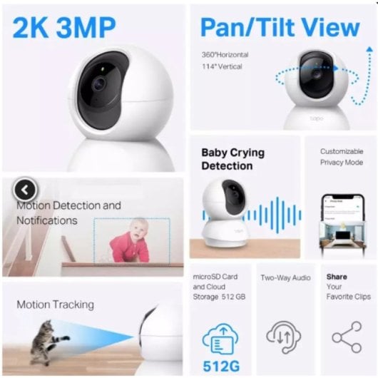 TP Link Tapo Cámara de Vigilancia IP 360º 2K 3MP 2K QHD+3MP INDOOR V2