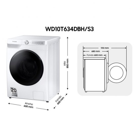Samsung WD10T634DBH Máquina de Lavar e Secar Roupa 10.5Kg/6Kg E Branca