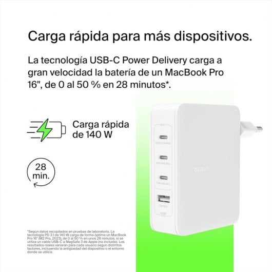 Belkin BoostCharge Pro Cargador de Pared GaN con 4 Puertos PD 140W con 3 Puertos USB-C