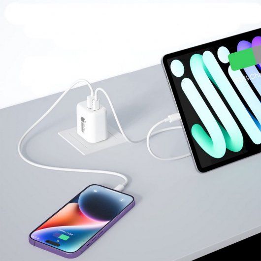 PcCom Essential Cargador USB-C 20W + USB Carga Rápida 3.0