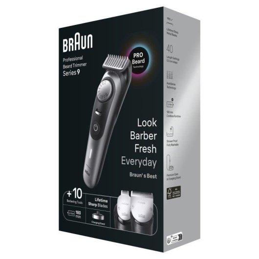 Tondeuse Barbe Visage Braun BeardTrimmer BT9420 Sans Fil 180min Sec et Mouillé 40 Réglages 4 Sabots