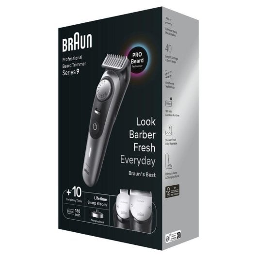 Tondeuse Barbe Visage Braun BeardTrimmer BT9420 Sans Fil 180min Sec et Mouillé 40 Réglages 4 Sabots
