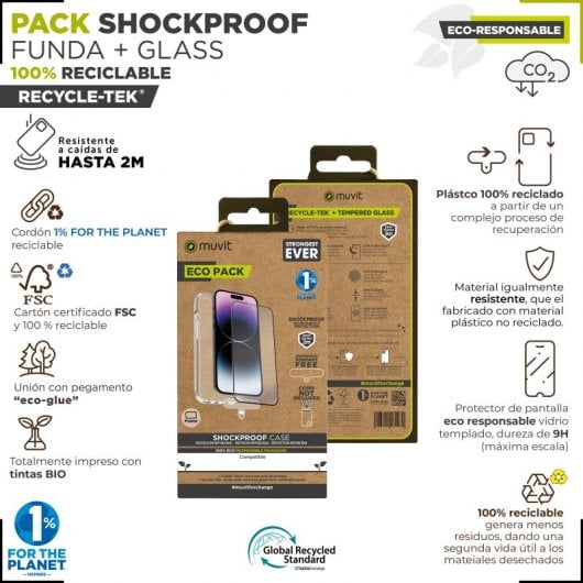 Muvit Funda Shockproof 2m para iPhone 15 + Protector Cristal Templado Marco Negro