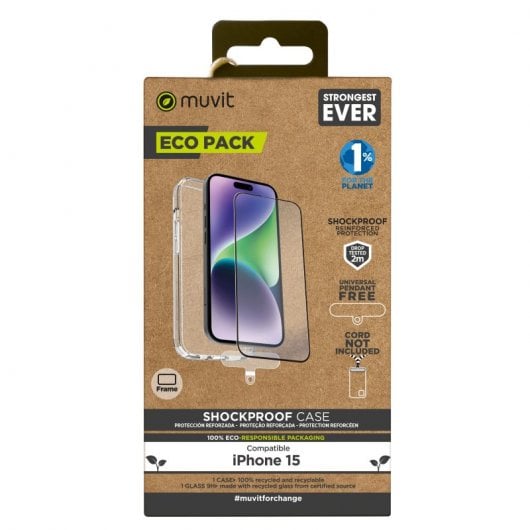 Muvit Funda Shockproof 2m para iPhone 15 + Protector Cristal Templado Marco Negro