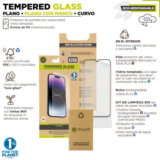 Muvit Recycletek flacher Displayschutz aus gehärtetem Glas für iPhone 15 Pro
