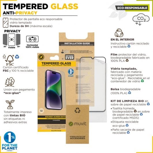 Muvit Recycletek Privacy Flacher Displayschutz aus gehärtetem Glas für iPhone 15 Pro Max