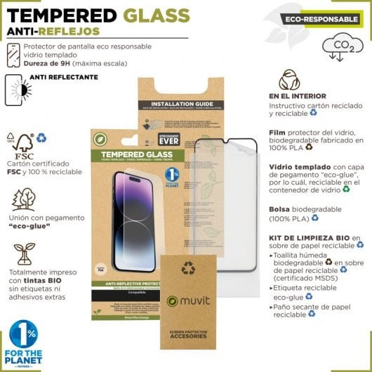 Muvit Recycletek Antireflex-Displayschutz aus flachem gehärtetem Glas für iPhone 15