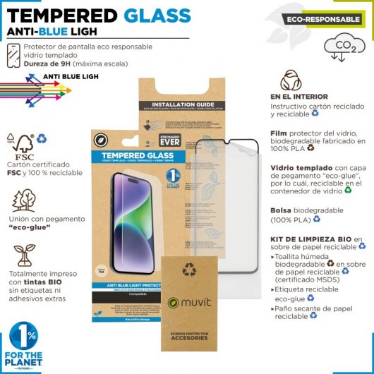 Muvit Recycletek Anti-Blue Light Flat Tempered Glass Protector für iPhone 15