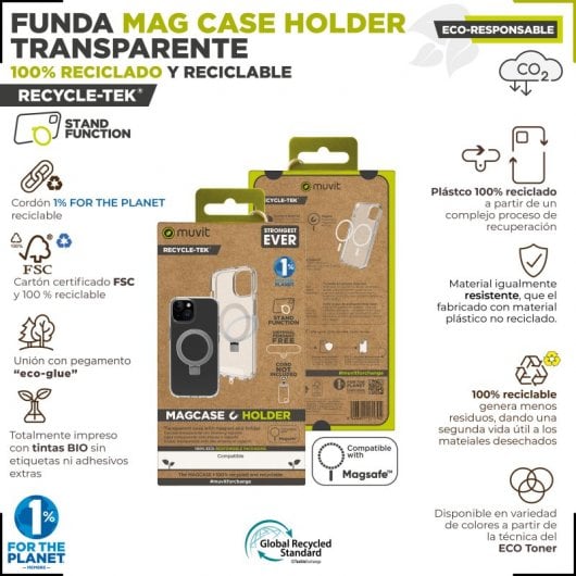 Muvit Recycletek Magsafe Funda Transparente con Soporte para iPhone 15 Pro Max