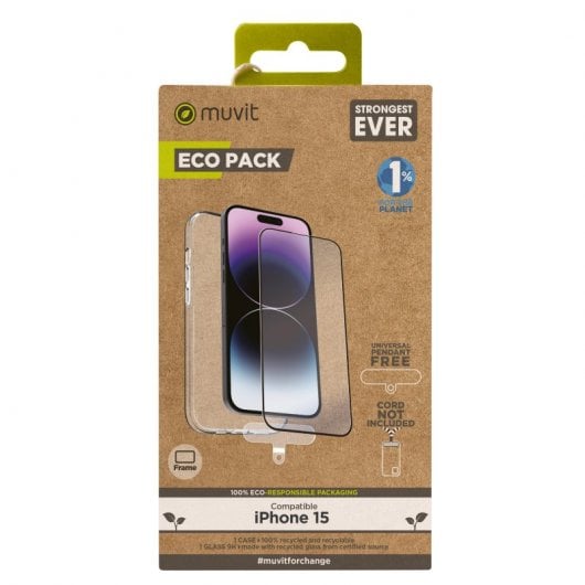 Custodia Muvit + cornice protettiva in vetro temperato piatto nero per iPhone 15