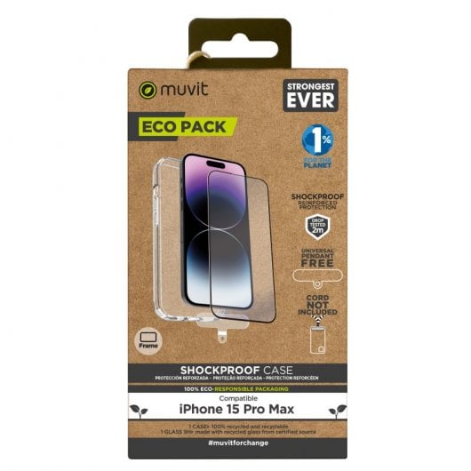 Muvit Funda + Protector Cristal Templado Plano Marco Negro para iPhone 15 Pro Max