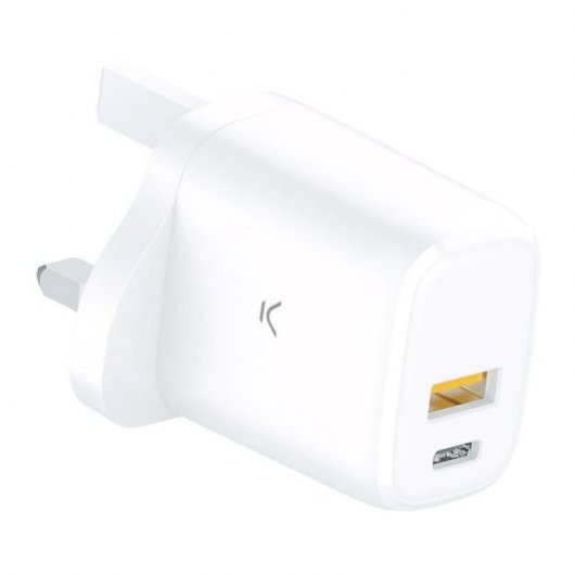 Ksix UK GaN PD Netzwerk-Ladegerät, Schnellladung, 20 W, USB-C + USB-A, Weiß