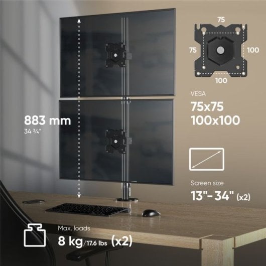 Onkron D208E-B Supporto per Due Monitor 13"-34" Verticale Nero