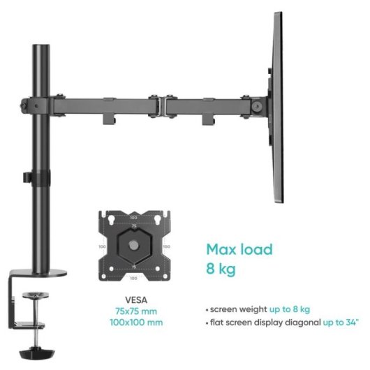 Onkron D121E-B Soporte Monitor 13"-34", 8kg max, VESA 75x75-100x100, Articulado, Negro