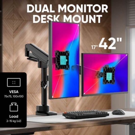 ONKRON Brazo Monitor Doble 17-42" hasta 15kg x2, VESA 75x75-100x100 mm, Soporte Monitor Escritorio Articulado, Negro
