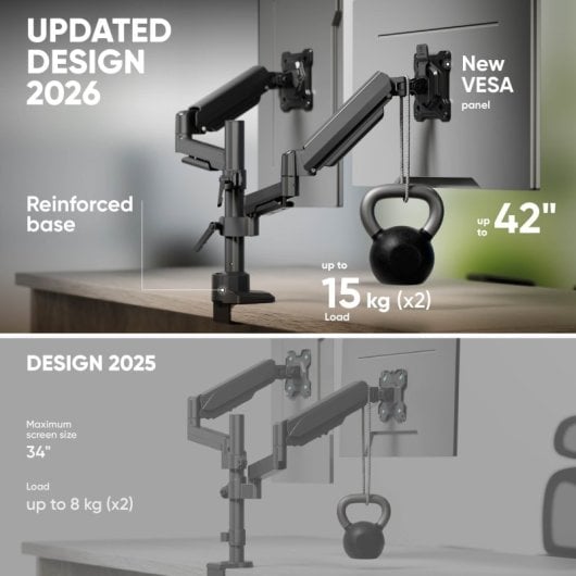 ONKRON Brazo Monitor Doble 17-42" hasta 15kg x2, VESA 75x75-100x100 mm, Soporte Monitor Escritorio Articulado, Negro