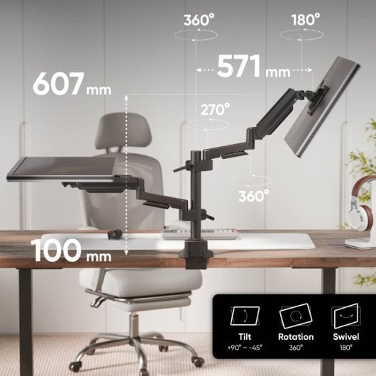 ONKRON Brazo Monitor Doble 17-42" hasta 15kg x2, VESA 75x75-100x100 mm, Soporte Monitor Escritorio Articulado, Negro