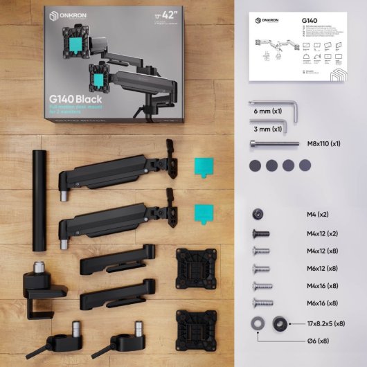 ONKRON Brazo Monitor Doble 17-42" hasta 15kg x2, VESA 75x75-100x100 mm, Soporte Monitor Escritorio Articulado, Negro