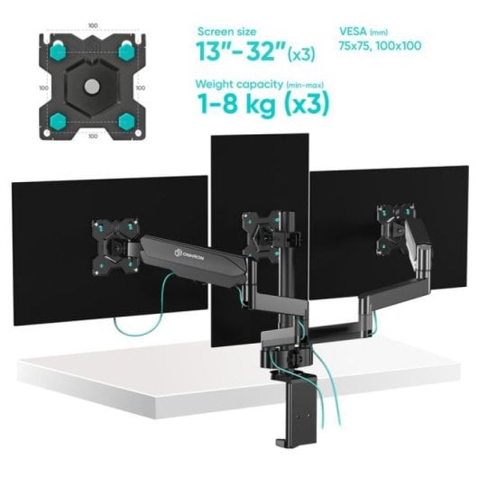 Onkron G280-B Supporto Braccio Mobile per Tre Monitor 13"- 32" Vesa 100 x 100 Nero