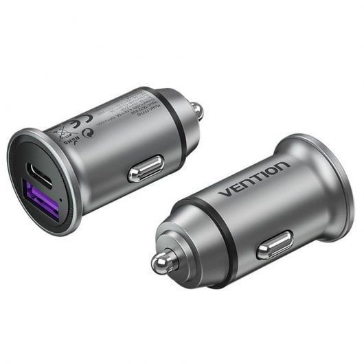 Caricabatteria da auto Vention FFFH0 1xUSB-C + 1xUSB-A PD/QC4.0/QC3.0 30W Lega di alluminio Grigio