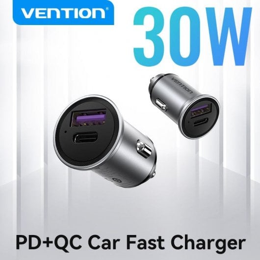 Vention FFFH0 Cargador de Coche 1xUSB-C + 1xUSB-A PD/QC4.0/QC3.0 30W Aleación de Aluminio Gris