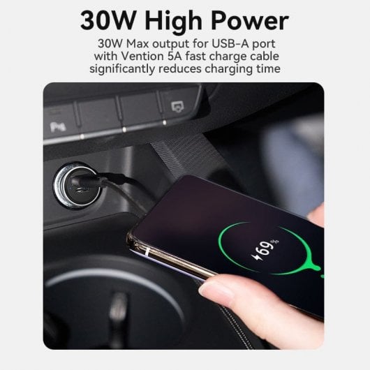 Vention FFFH0 Cargador de Coche 1xUSB-C + 1xUSB-A PD/QC4.0/QC3.0 30W Aleación de Aluminio Gris